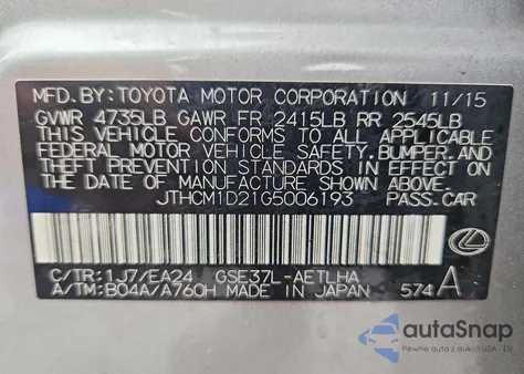 2016 Lexus Is 300 z USA, uszkodzony, nr VIN JTHCM1D21G5006193